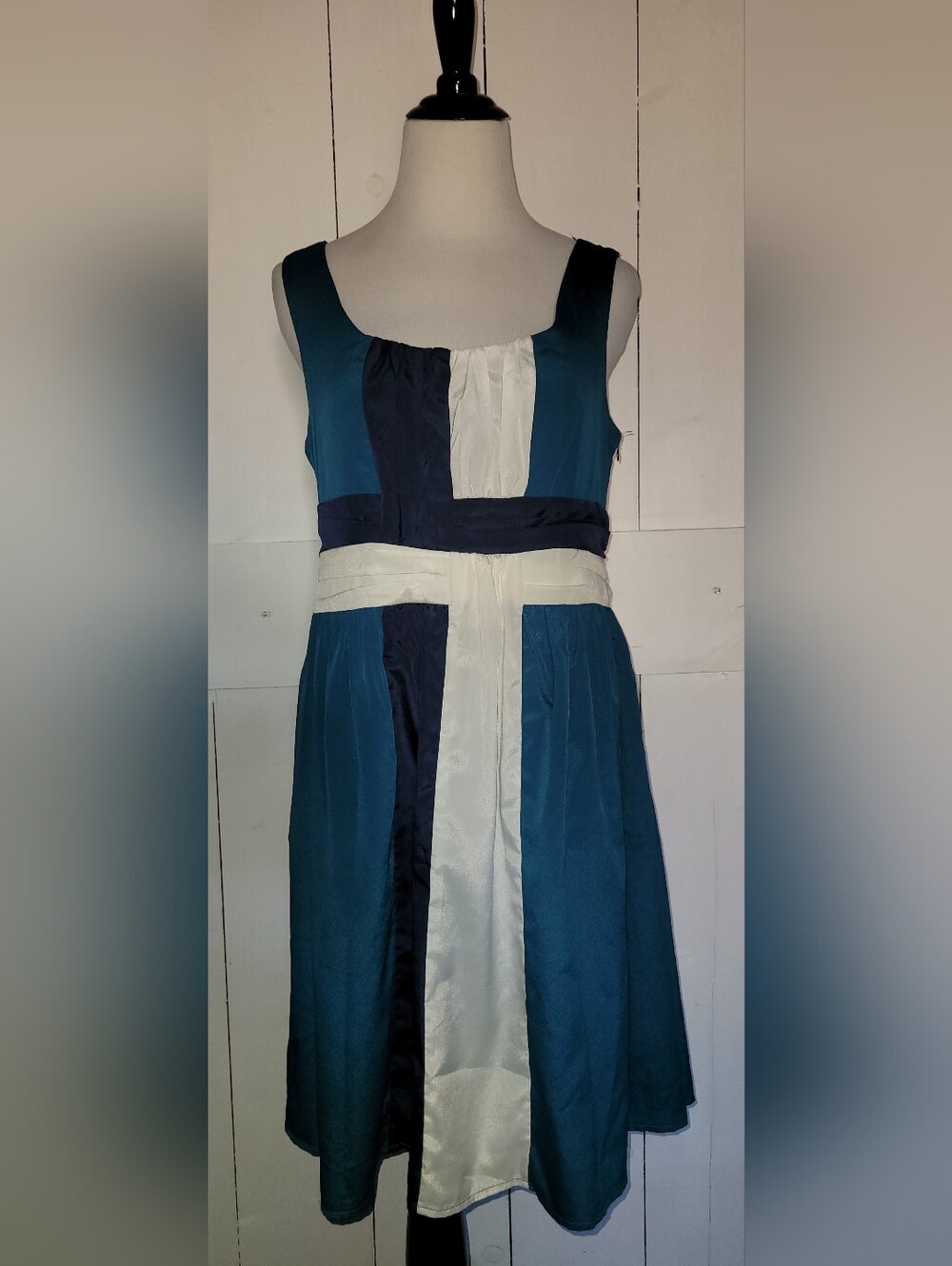 By Stella Teal Navy Blue Ivory Colorblock Fit Flare Sleeveless Sundress Dress L
